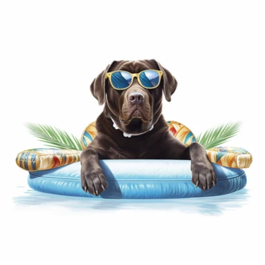 Chocolate labrador retriever, sunglasses, pool float, white background, cool dog, summer time, clipart, palm tree