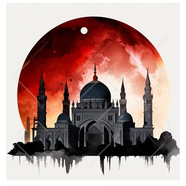 clipart style, watercolor scene of An immersive image capturing the Lunar Eclipse in its partial phase, with the moon adorned by a subtle shadow. Silhouettes of iconic structures, such as ancient temples or towering skyscrapers, enhance the celestial drama, showcasing the merging of human-made wonders with the cosmic event, HD, on white background