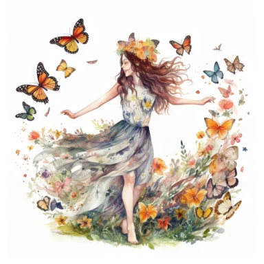 watercolor, hyper realistic, white background, white margins, 16k, ultra detailed clipart, cut out image, hand-drawn, whimsical a lady with a flower crown, twirling in a meadow as butterflies flutter around her in a whimsical dance