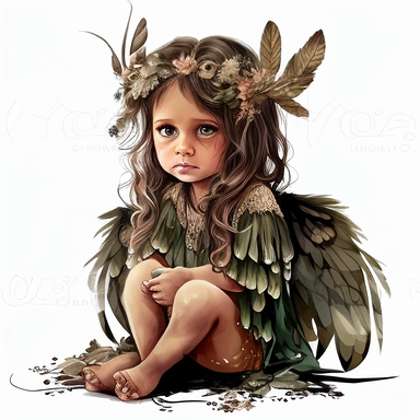 boho little fairy girl, big eyes, with wings on her back, beautiful, she is sitting facing west and her head is turned towards camera, very detailed and realistic, watercolor, white background with margins, clipart style