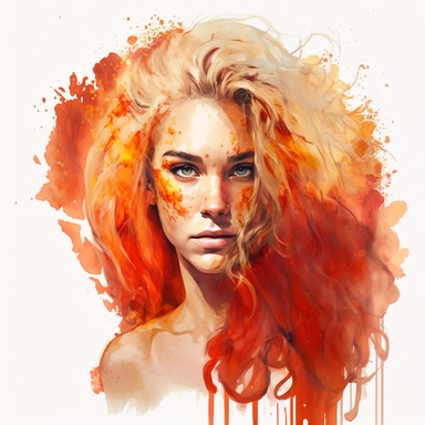 front view, clipart, isolated object, white margins, watercolor of leo, beautiful girl with lion mane made of fire, flames, zodiac, astrology, by kawaci and susan bourdet, realistic, procreate drawing, trending on artstation, soft pastel colors, red and orange, wet on dry watercolor, watercolor technique, watercolor brush strokes
