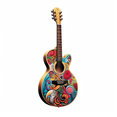 Against a white background, a clip art image showcases a meticulously detailed depiction of a guitar, adorned with vibrant and colorful elements. The guitar takes center stage, with its body and strings intricately illustrated to capture its essence. The body of the guitar features a vibrant burst of colors, blending seamlessly from one shade to another, evoking a sense of energy and creativity. Music notes, represented by a variety of shapes and sizes, dance playfully around the guitar, symboli