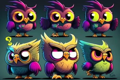 multiple clipart sheet, owl, neon in the style of skottie young, pixar character style