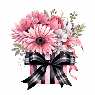 Watercolor pink and black birthday flower bouquet drawing, illustration clipart, high detailed, white background, digital art
