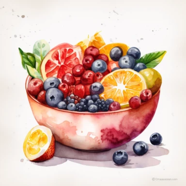 watercolor clipart of bowl, presented in a flatlay style with a top-side view on a clean white background. bowl should be filled with a visually appealing arrangement of nutritious ingredients, showcasing their vibrant colors and textures. Ensure that the bowl is not overlapping or interacting with each other, maintaining a clear separation between them. Capture the details of each ingredient with delicate watercolor strokes, emphasizing their freshness and natural appeal. The watercolor style s
