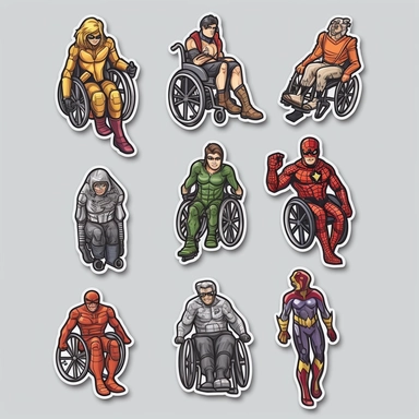 6 clipart elements, series of very hyperdetailed colorful stickers, cool people with disabilities, marvel style, superheros, each sticker with a clear white outline between each element, light grey background, realistic