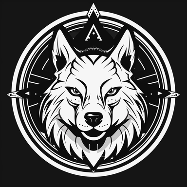 dog wolf badge art tattoo logo of the wolf, black and white logo png clip art, wolf, in the style of playstation 5 screenshot, shepard fairey, ken sugimori, grid, stencil-like imagery