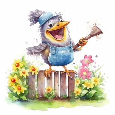 a cheerful watercolor clipart image with a white background, showcasing a happy cute cartoon bird gardener perched on a fence, singing while watering a bed of blooming flowers.