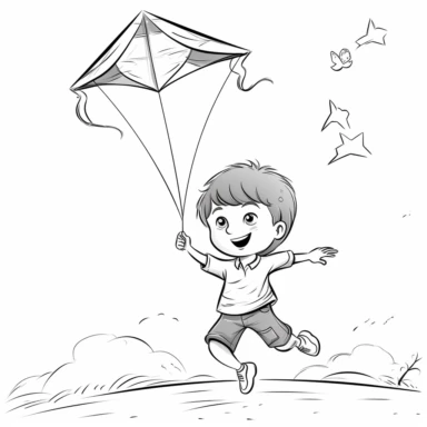 child flying a kite, b&w lineart, minimalist style, white background, full body, picture, coloring book style on white background, well composed, clean coloring book page, No dither, no gradient, strong outline, No fill, No solids, vector illustration, clipart, simple, cartoon –ar 9:11 –v 5