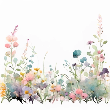 pastel color high resolution many field blossoms and flowers, floral bottom low border, watercolor clipart, white background