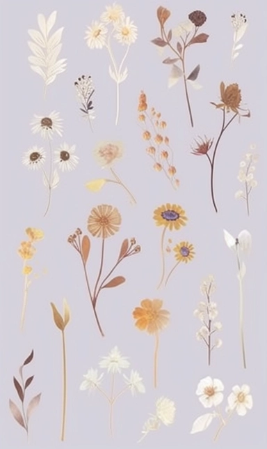 clipart sheet, flowers, in the style of transparent/translucent medium, fawncore, light gold and silver, feminine sticker art, nostalgic minimalism, emotive fields of color, cottagepunk