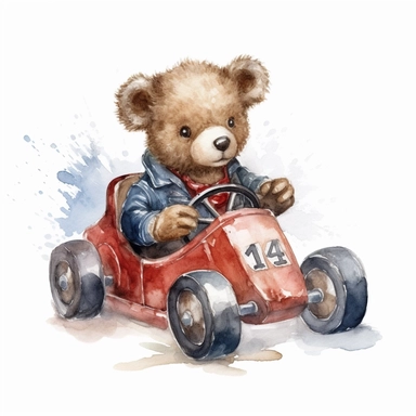 cute watercolor teddy bear driving a formula one car, clipart, white background