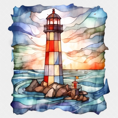 watercolor Stained Glass Lighthouse Square Coaster Coaster Designs vividly bold designs png Full body realistic cartoon in 32K UHD cute. 15 cm thick outline. There was no shadow on the ground. 8k with realistic watercolors. and detailed illustrations. PNG clipart, transparent white background