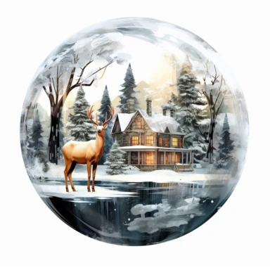 one transparent clipart stock of glassy house on a white background, with deer and snowman, in the style of Watercolor illustrations , spherical sculptures, frostpunk, miniature dioramas, luminous 3d objects, dark white and bronze, nature-inspired pieces , no watermark, text, 300 DPI , typography, shapes do not stick together, no text in the picture, on a white background