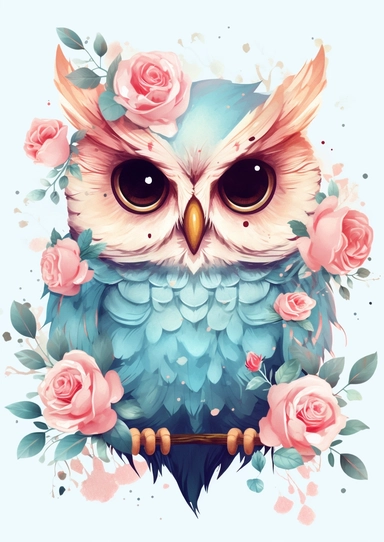 Cute Owl with gold rose clipart, in the style of pink and aquamarine, feminine portraiture, sparklecore, chinese painting, floral explosions, flickr, whimsical cartoon-style