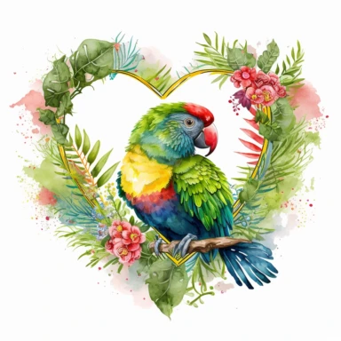colorfulparrot in a jungle heart frame, watercolor clipart, detailed, splashed, HD