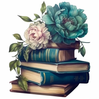 Clipart, vintage books with peony, detailed, hyper realistic, marsh green/dark turquoise, victorian era, watercolor, fantasy, amazing colour compilation, countrycore, romantic colors, white background