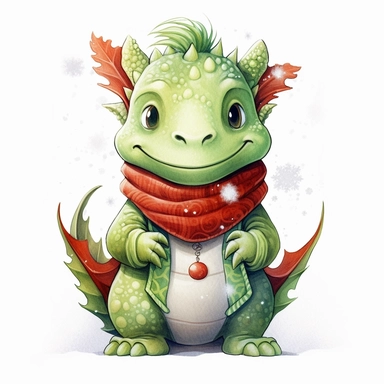 cute funny avocado green dragon, red cardigan, marry christmas, winter, snow, cute nursery painting, style by Lucy Fleming, watercolor, smooth gradients, black contour outline, ultra detailed, clipart elements, delicate pastel colors, solid white background, super clear, high quality