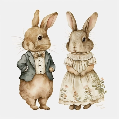 cute bunny rabbit couple wearing clothes from baroque era, standing and holding hands, Sublimation graphics, by Beatrix Potter, Watercolor clipart, single design, print on demand image, PNG transparent background, white background
