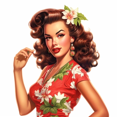 beautiful pretty pin up woman, makeup and hair vintage 50's style, hawaiian flower and dress, paint art style, detail, clipart, white background, superrealistic, one of a kind