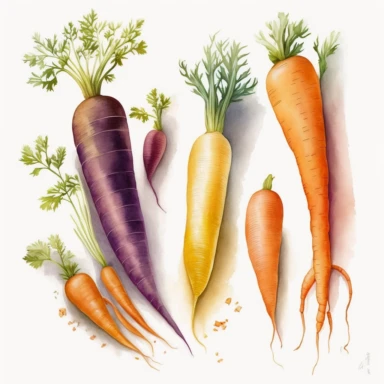 Design a series of watercolor carrot cliparts in various sizes and colors, such as orange, yellow, and purple.