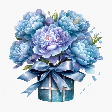 Watercolour realistic pastel blue iridescent glitter peonies in flower bouquet box with delicate ribbon bow wrapped around it intricately realistically detailed pastel blue peonies, PNG image,transparent background ,ultra highly detailed, 18k, sharp focus, bright photo with vibrant colours, digitally enhanced,photographic, enhanced graphics, png format, straight, sharp focus, bright lighting, intricate detailed png image ,high definition,300dpi,graphic clipart,computer graphics