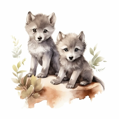 woodland animal cute baby wolf with brother watercolor clipart detailed