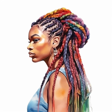 black African American woman with rainbow braids portrait clipart, watercolor style, hyper realistic, detailed, white background