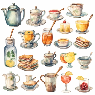Watercolor vintage tea party items, illustrations clipart set, simple, soft colors, cartoon elements, different variants, teapot, sugar bowl, jug of milk, egg sandwich, stacked china plates, sişde plate, slop bowl, , lemonade glass, cake fork, tongs, china cup and saucer, ,napkin, knife,fork,jam, tea cups, stacked teacups, lemon dish, ,, tea jars ,knie, fork, spoon, butter, ,silver , napkin,separate elements with a margin