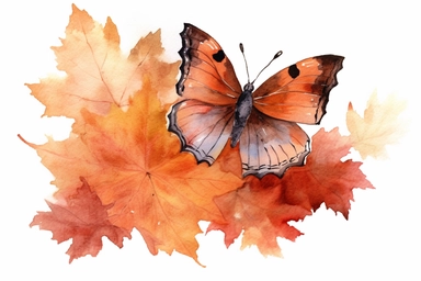 Watercolor, Generate an image of an American Copper butterfly resting on a bed of colorful autumn leaves, clipart, hd, on a white background, spaced out