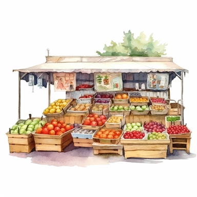 watercolor colorful clipart of a bountiful farmer's market, hd, on white background