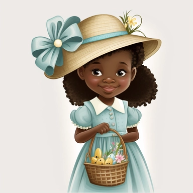 Gospel Church , Easter Sunday , Happy Black Girl Smiling on Easter Sunday , Wearing a Easter hat , standing , walking, Carring easter basket , Easter art, funny black girls clipart, Funny black girl , Frilly Easter Dress , Ribbiobs in Hair Cheerful african american girl child png, clipart, afro ,Full body with legs , Cottage core , Love shack Fancy, Highly detailed close-up portrait , standing , Nicoletta Ceccoli, Mark Ryden, lostfish, Earl Nor, global lighting, divine rays, detailed and intrica