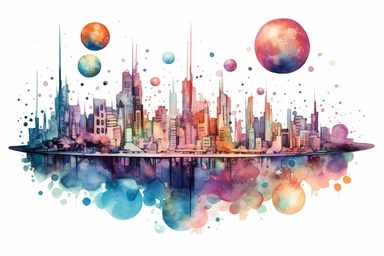 Watercolor, Imagine a planet with a cityscape made entirely of interconnected, floating spheres clipart, hd, on a white background, spaced out