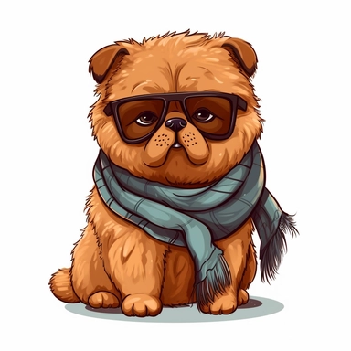 cute funny kawaii Chow Chow Puppy with Balenciaga sunglasses and cool necklaces or scarf, cute illustration, clipart, white backgound, Cuttable Design,full body
