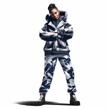 clipart Black woman model pose wearing navy blue and grey style camouflage fur hood sweat jacket and matching pants white background