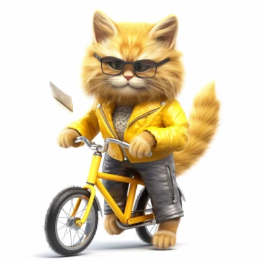 Create a clipart of a cute cat in a yellow mail delieveryman costume with black sunglasses riding a bicycle with a trail of letters following behind. Low detail. White background, soft lighting. In the style of Bob Ross