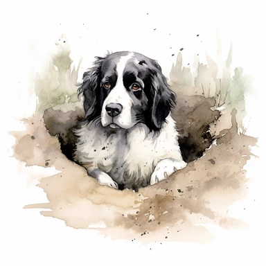 Landseer ECT, digging in the dirt, watercolor, Clipart, white background, no text, no caption