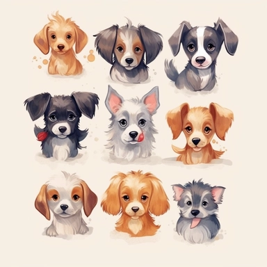 cute dog breeds, clipart, watercolor, kawaii style, big eyes, smiling