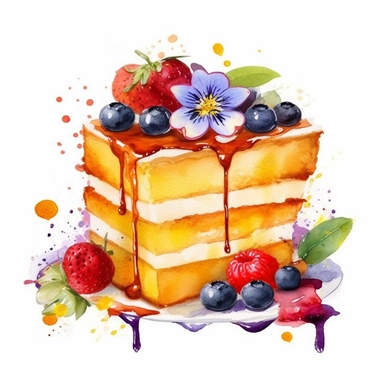 clipart, isolated on white background, Watercolor cake with flowers and berries, yellow palette, ornated, vivid and vibrant and saturated colors