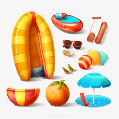 vector clipart set inflatable water slide, beach ball, sunglasses, float, hd, realistic, isolated, no background