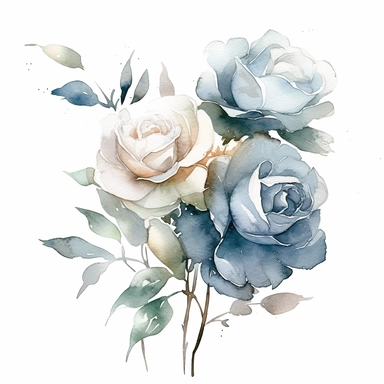 Watercolor dusty blue four roses clipart, four roses bouquet, muted color faded, white background