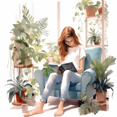 girl reading book in room full of house plants, pastel colors, white background, watercolor splash, clipart, by Jack Hughes