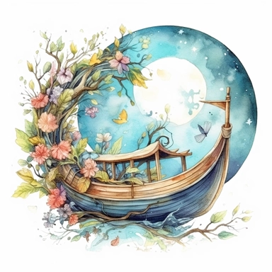 clipart, isolated on white background, Watercolor spring fairy and wings and flowers and branches and grass and leaves, moon and boat, ornated, vivid and vibrant and saturated colors