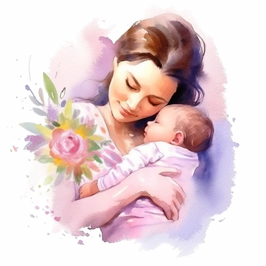 Mother's Day clipart, Watercolor, mother, baby in her arms, happiness, love, kindness, life, clipart, photorealistic