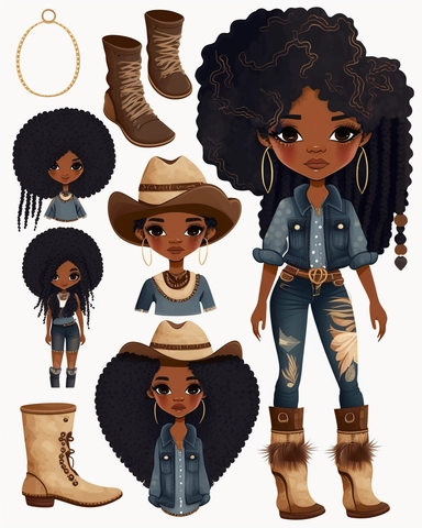 Denim girl clipart, cowboy hat, wearing black knee high boots, Denim clipart, Fashion girl clipart, Jeans Girl Clipart, African American clipart, Afro girls clipart--seed 2829693263,