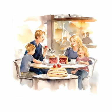 watercolor, hand drawn family eating cheesecake at a bakery clipart, hd, white background, spaced out--ar 3:2