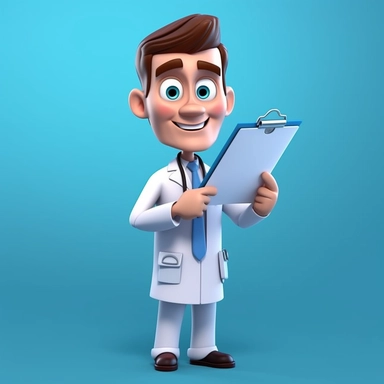 3d render. Cartoon doctor character holds clipboard. Clip art isolated on blue background. Professional consultation. Medical concept