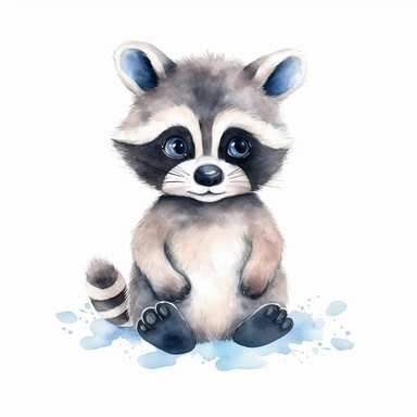 a vibrant baby raccoon with kind eyes clipart with watercolor illustration,full body shot,8k,etsy style, white background