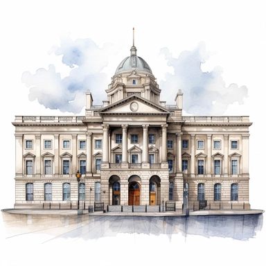Isolated images, illustrations on a white background, facing front, elevation view, Irish House of Parliament Dublin Ireland, Clipart, watercolor, realistic, isolated, full building, highly detailed, hdr, 32K, photo expert quality, watercolor realistic, hyperrealistic and highly detailed, isolated on a white background