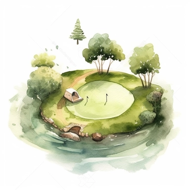 Idyllic watercolor clipart of cute golf putting green scene in Springtime on isolated on a pure white background--ar 1:1